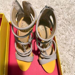 GX by Gwen Stefani Yellow and Light Gray Strappy High Heel Sandals